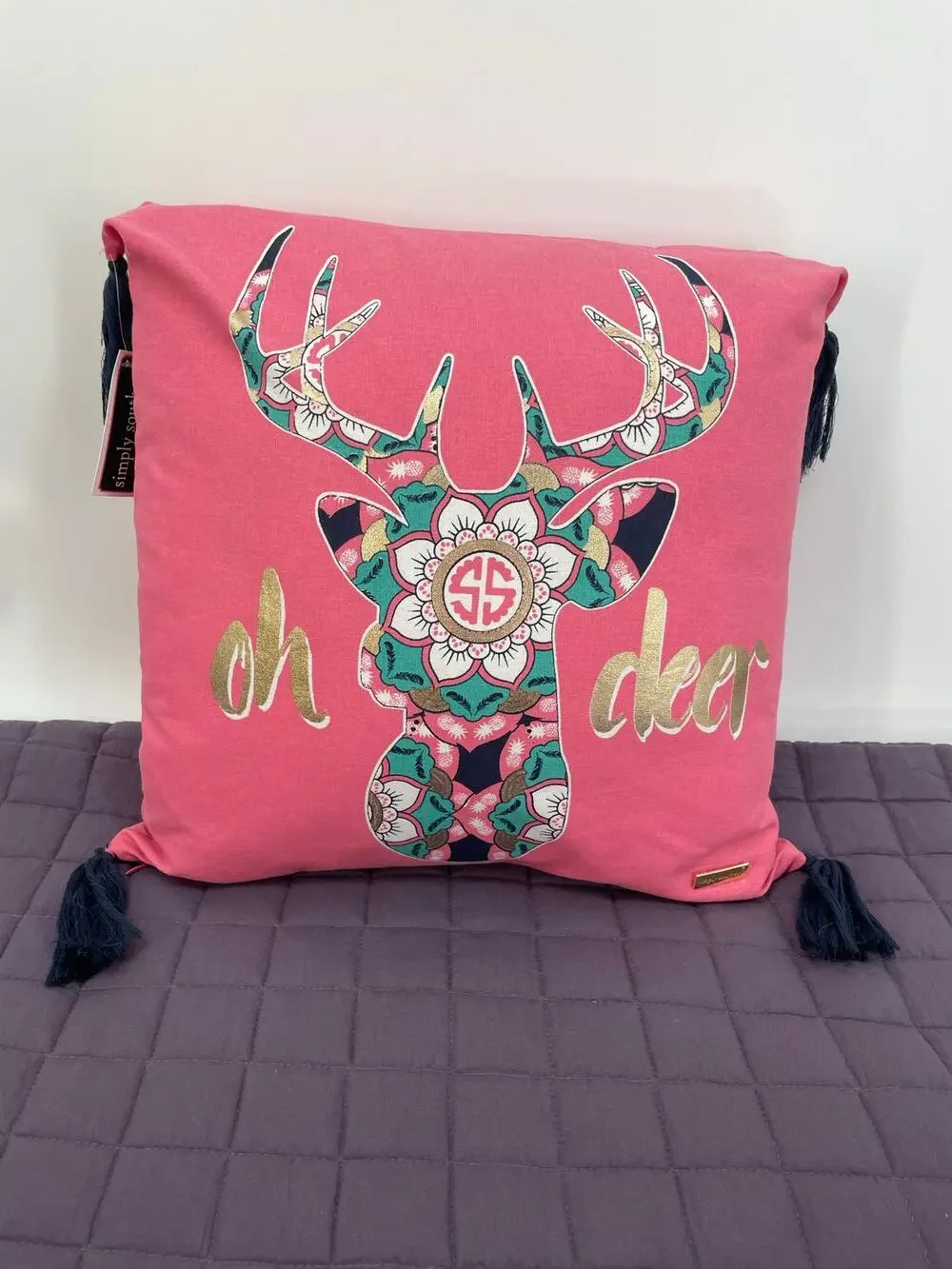Simply Southern Accent Pillow “oh deer” 15in x 15in pink with gold accents NWT